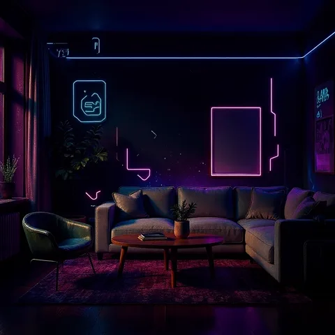 Stue i cyberpunk stil — generert med Lønnlyst