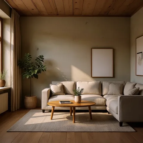 Stue i wabi-sabi stil — generert med Lønnlyst